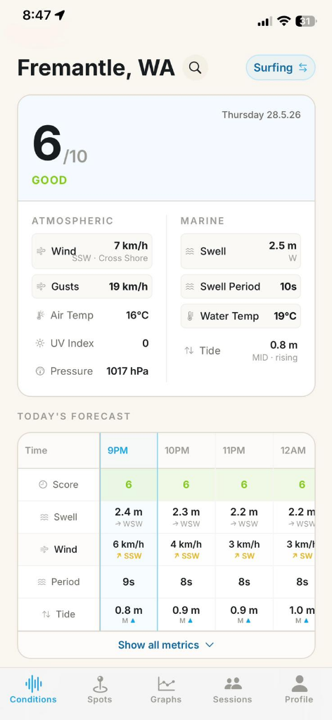Fathom app showing a local conditions score with wind, swell, tide and hourly forecast